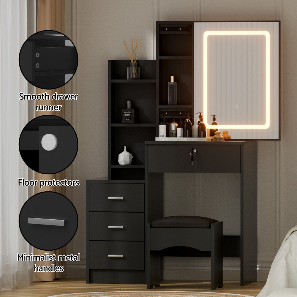 Artiss Dressing Table Vanity Desk Set Stool Led Black - Homecoze