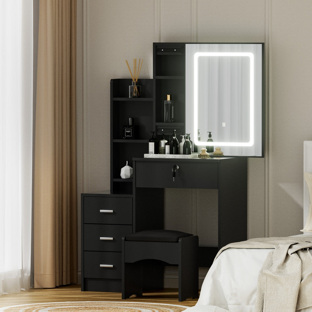 Artiss Dressing Table Vanity Desk Set Stool Led Black - Homecoze