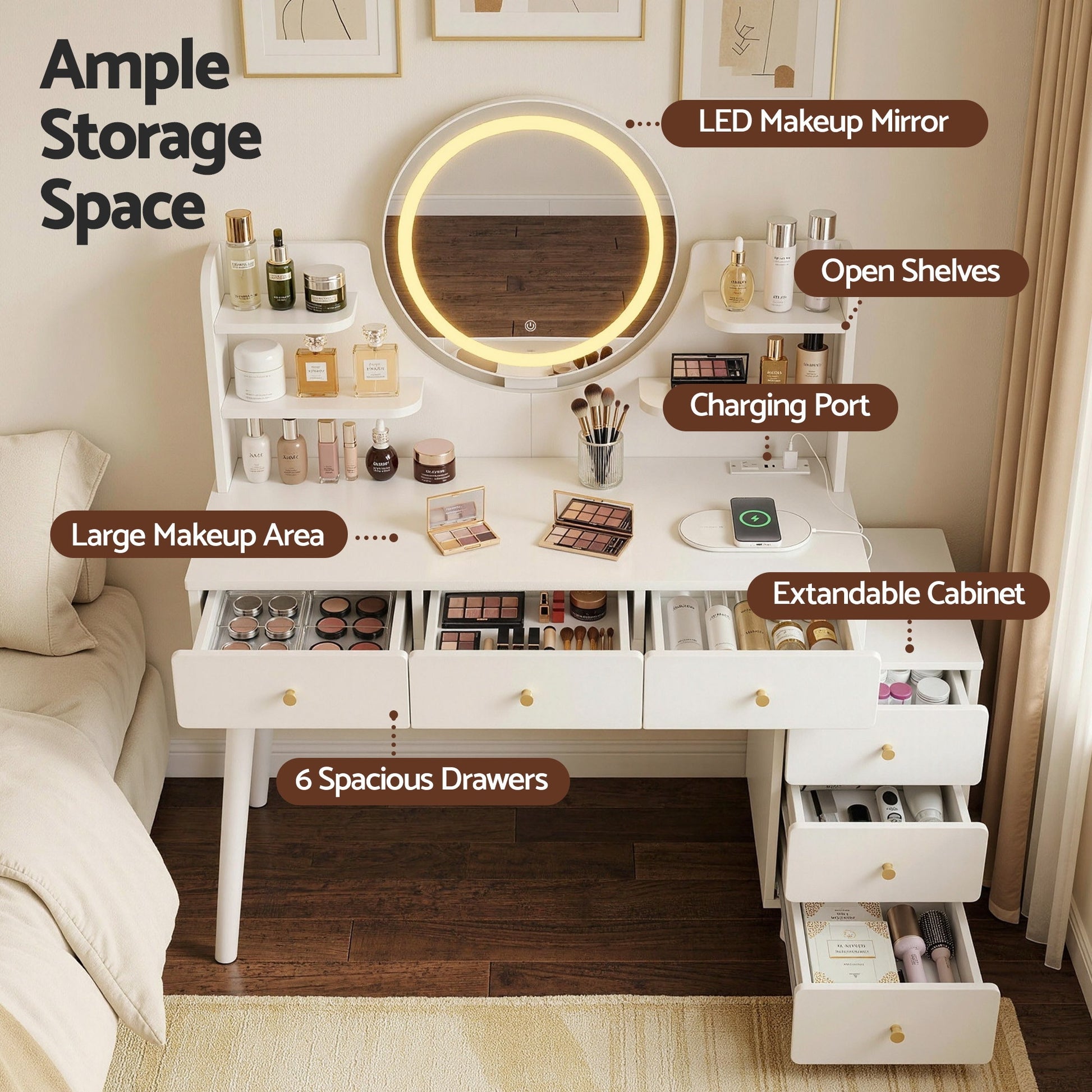 Artiss Dressing Table Vanity Desk LED Charging Station White - Homecoze