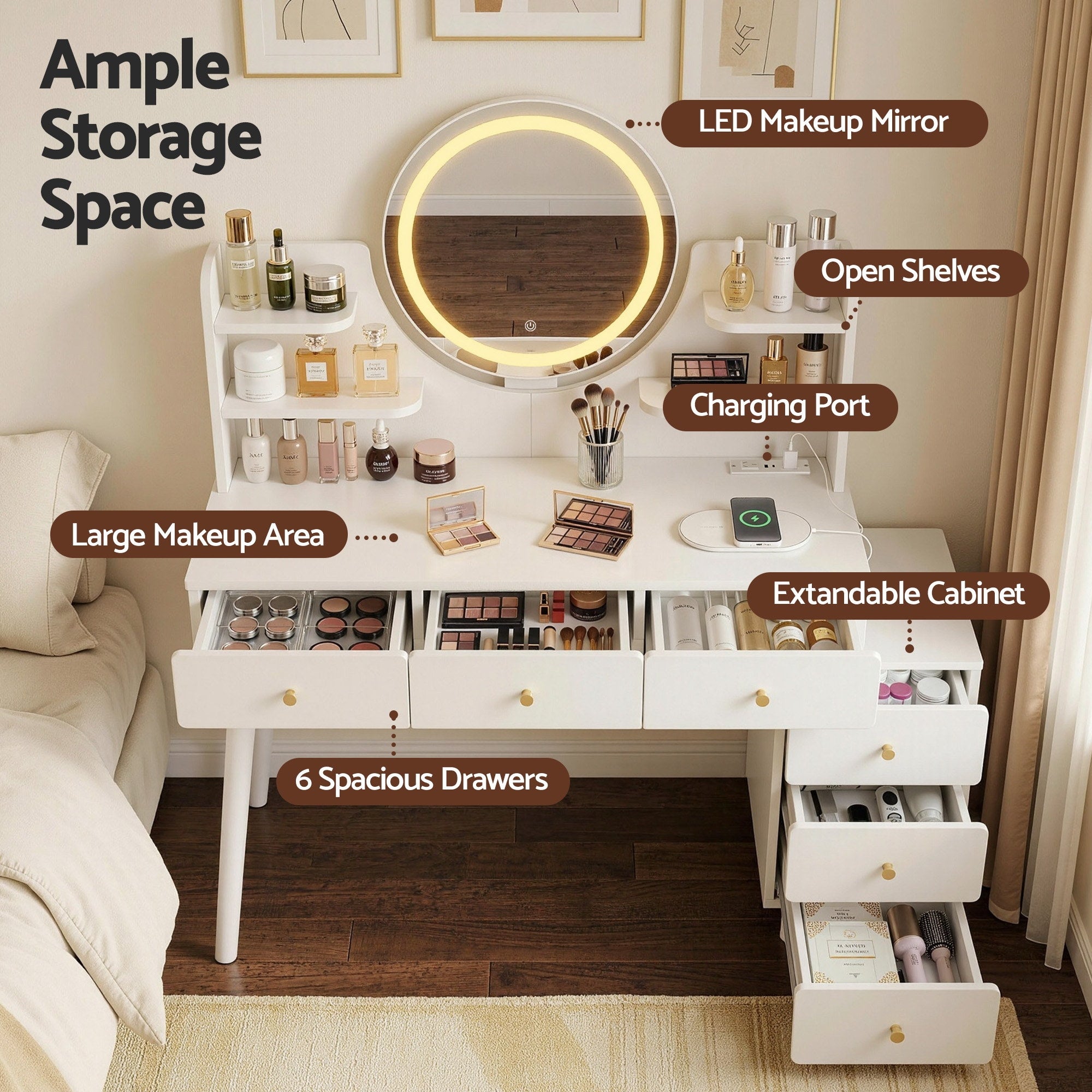 Artiss Dressing Table Vanity Desk LED Charging Station White - Homecoze