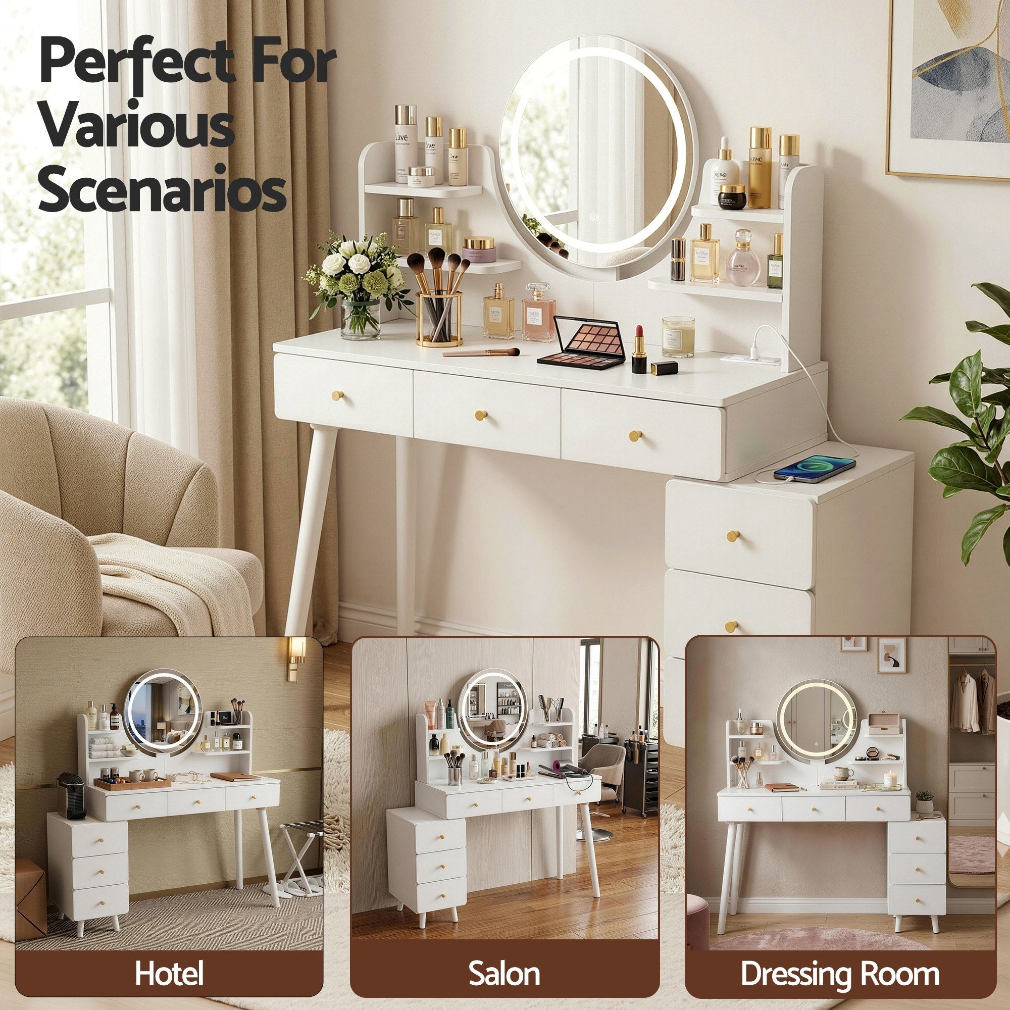 Artiss Dressing Table Vanity Desk LED Charging Station White - Homecoze