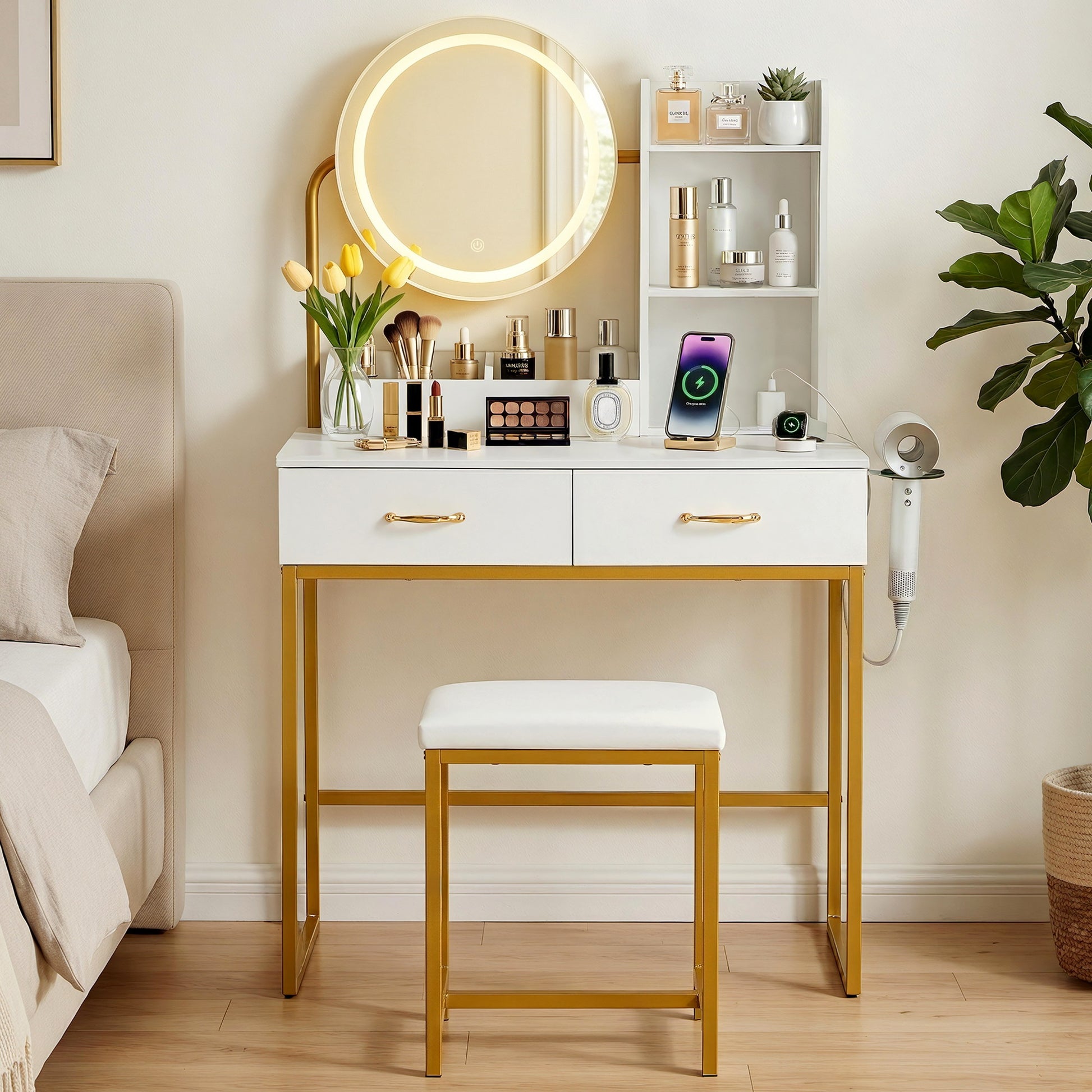 Artiss Dressing Table Vanity Desk Set Stool LED Charging Station White - Homecoze