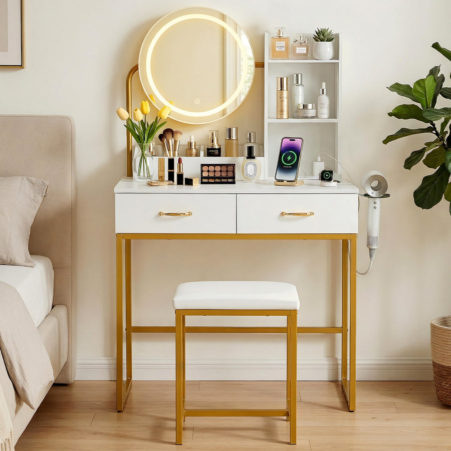 Artiss Dressing Table Vanity Desk Set Stool LED Charging Station White - Homecoze