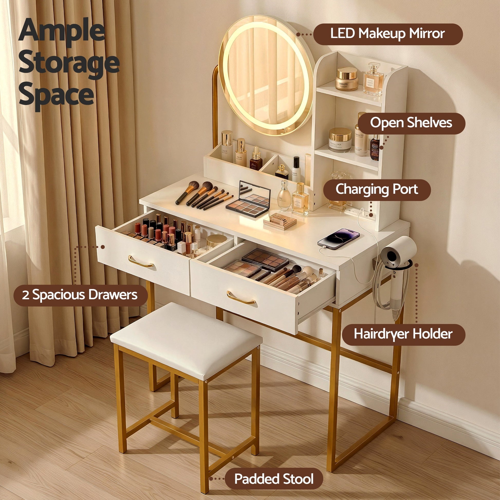Artiss Dressing Table Vanity Desk Set Stool LED Charging Station White - Homecoze