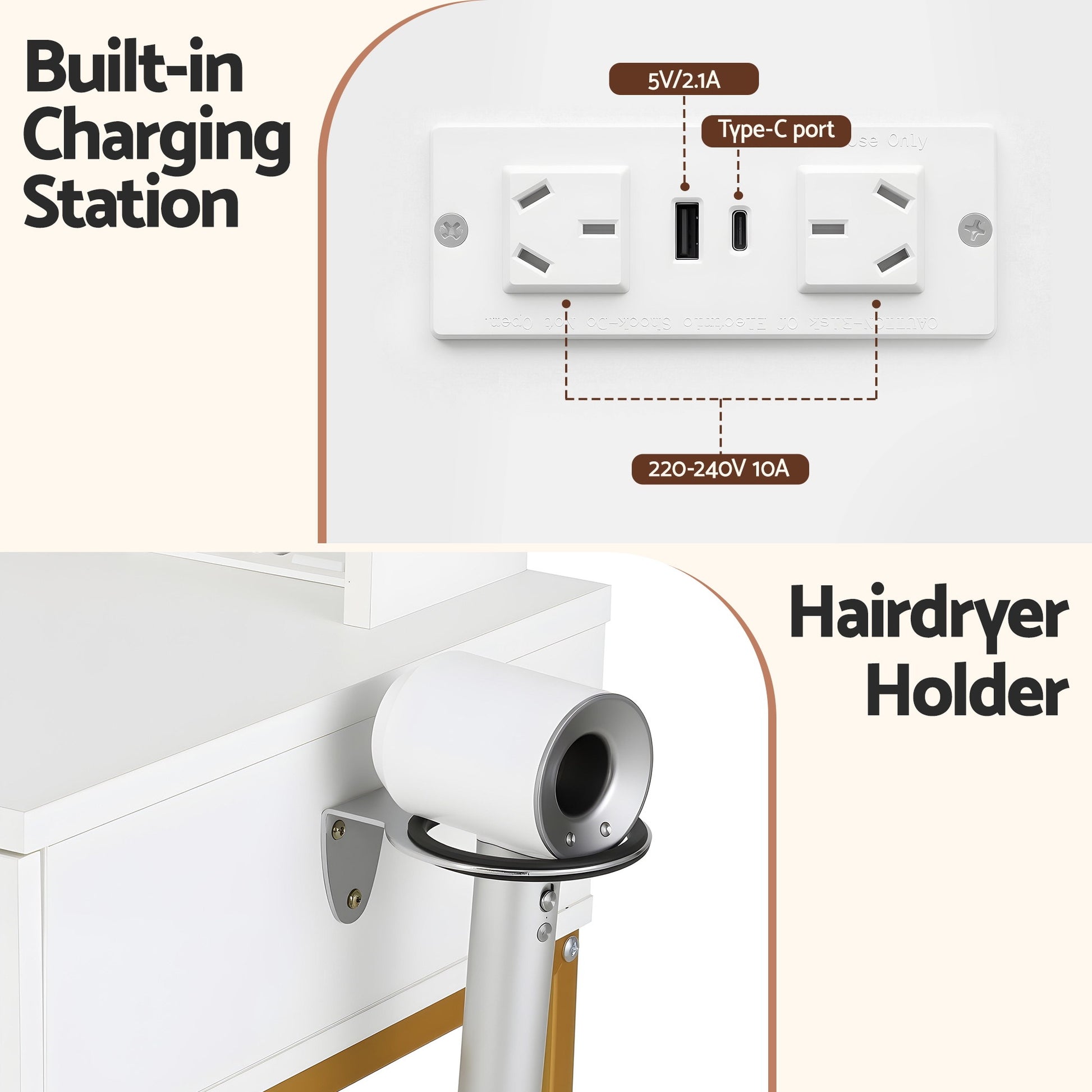 Artiss Dressing Table Vanity Desk Set Stool LED Charging Station White - Homecoze