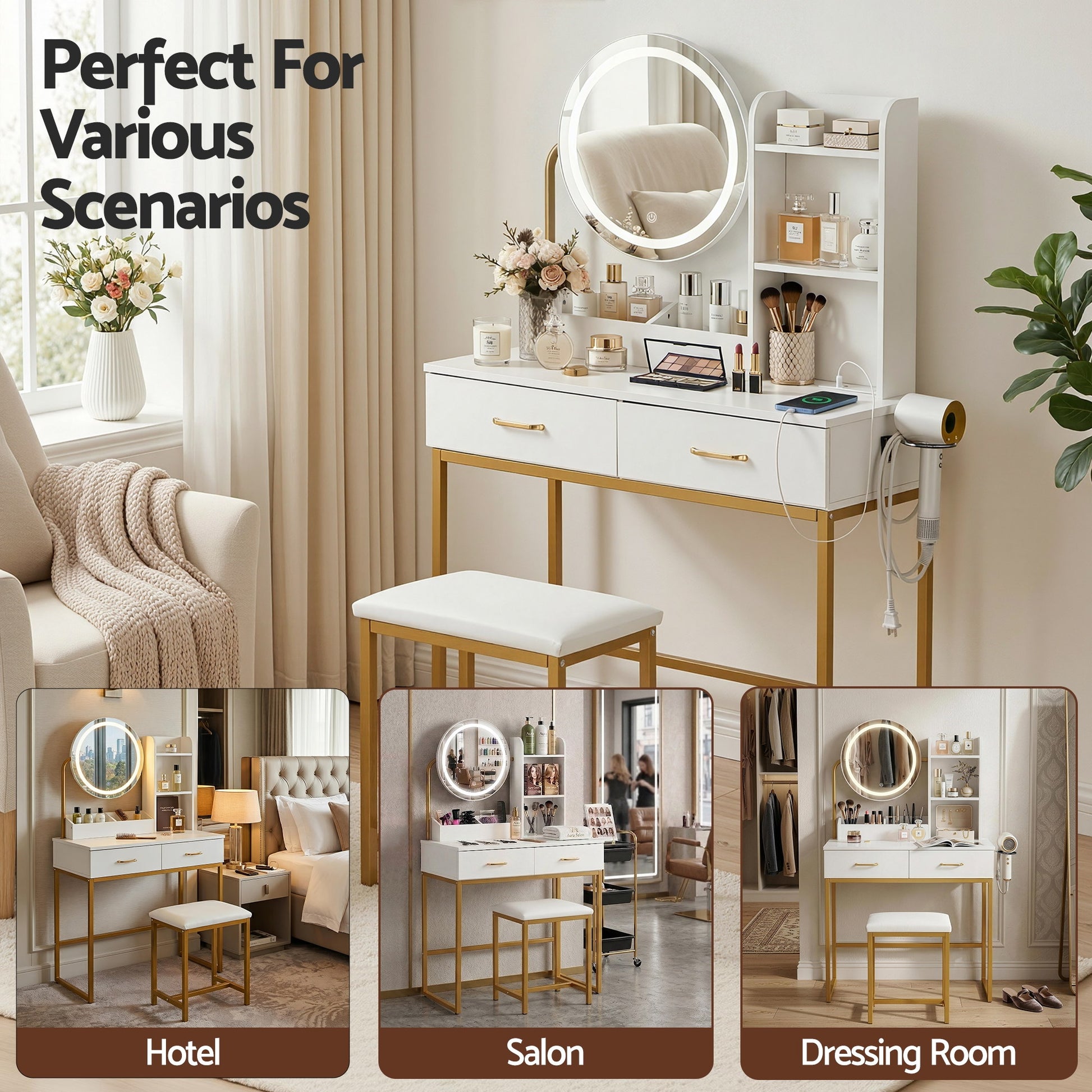 Artiss Dressing Table Vanity Desk Set Stool LED Charging Station White - Homecoze