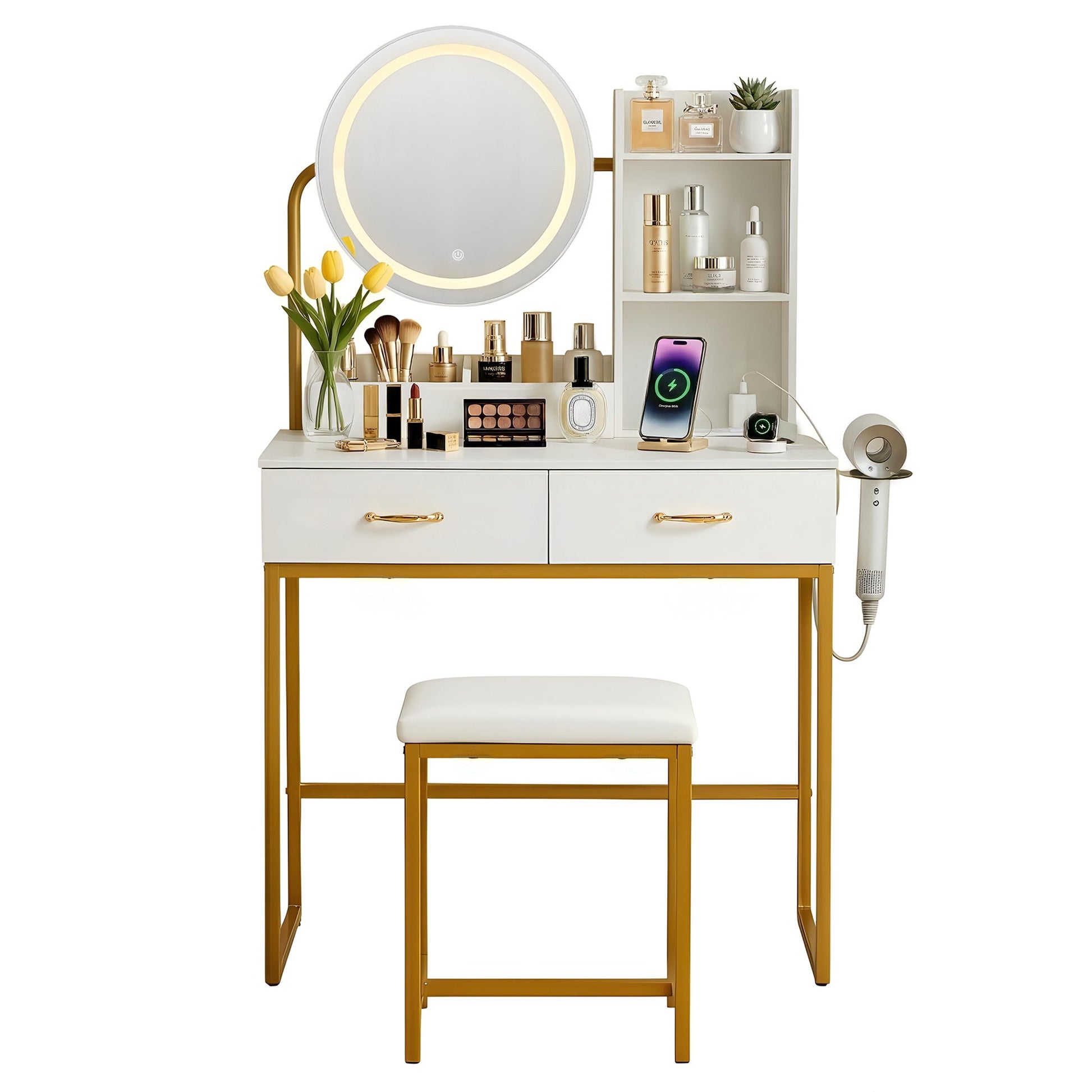 Artiss Dressing Table Vanity Desk Set Stool LED Charging Station White - Homecoze