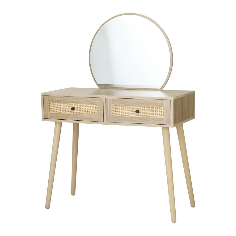 Rattan Dressing Table & Mirror Set - Pine - Homecoze
