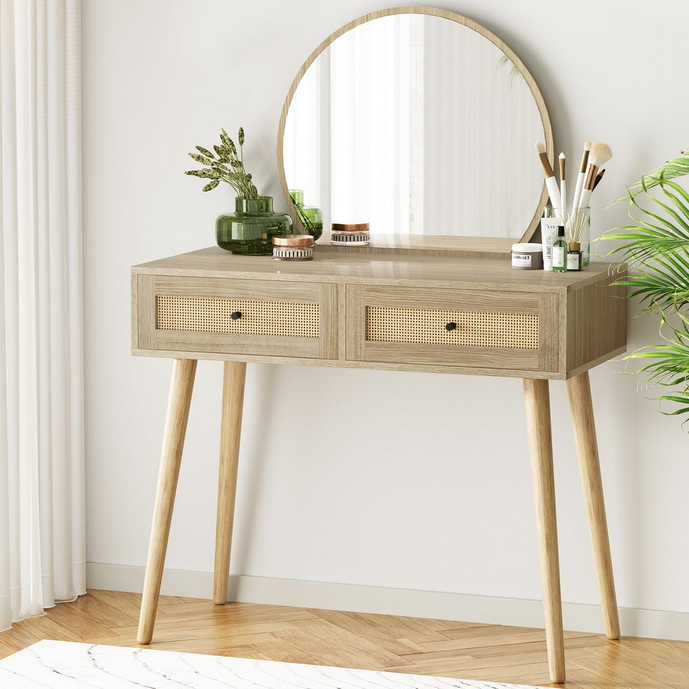 Rattan Dressing Table & Mirror Set - Pine - Homecoze