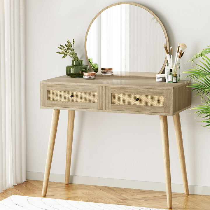 Rattan Dressing Table & Mirror Set - Pine