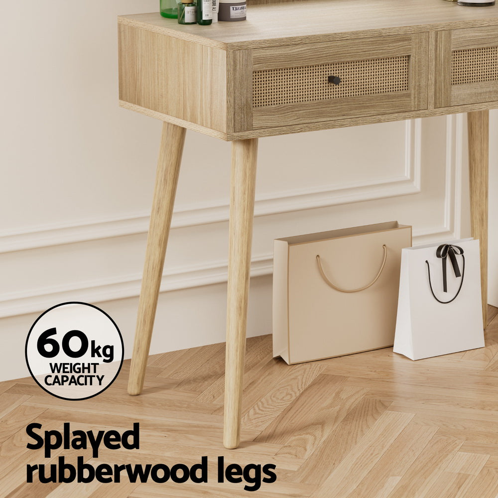 Rattan Dressing Table & Mirror Set - Pine - Homecoze
