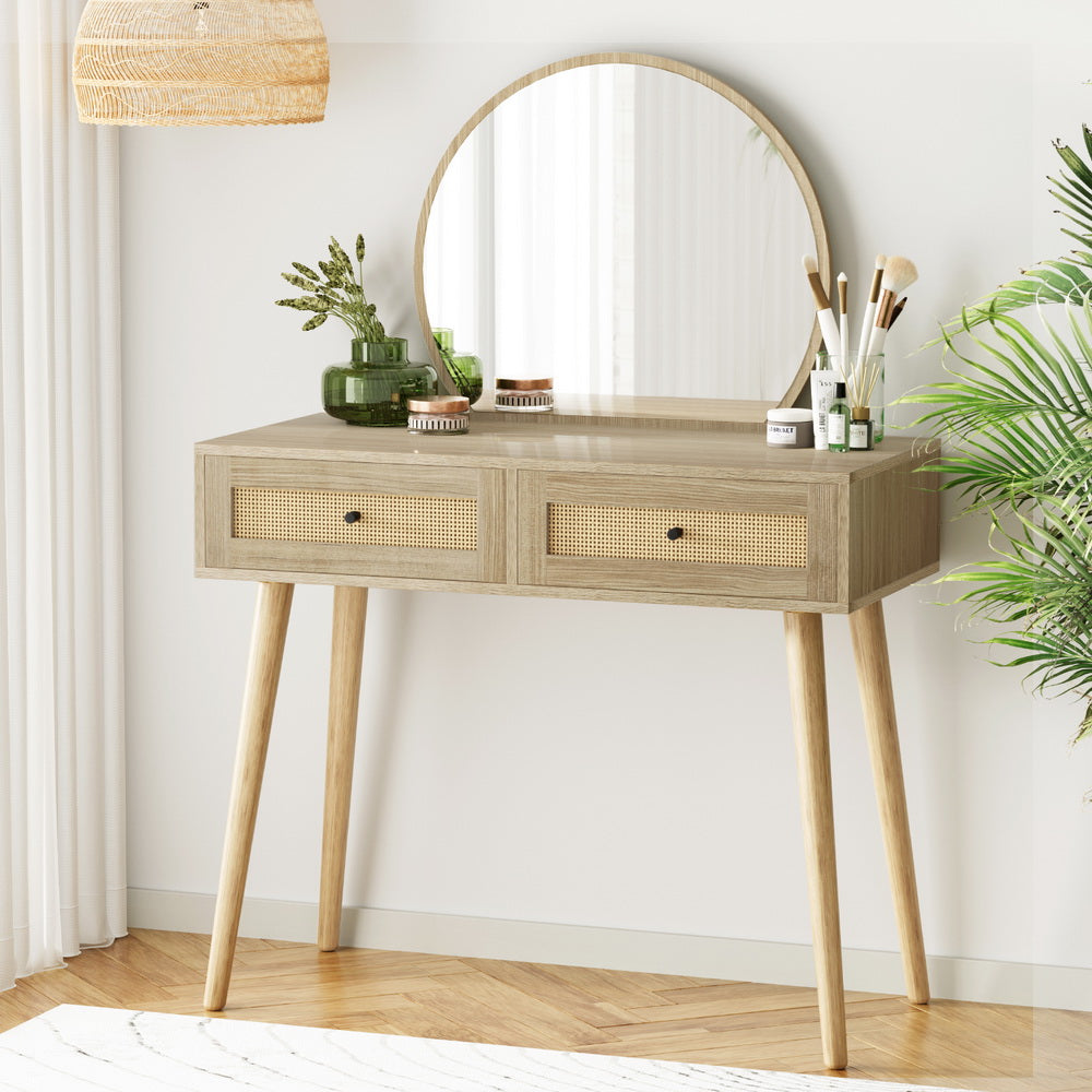 Rattan Dressing Table & Mirror Set - Pine