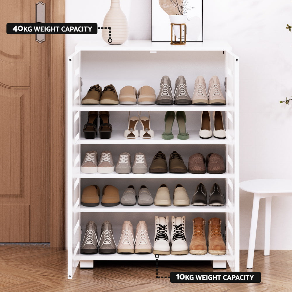 Modern 5 Tier Shoe Cabinet with 2 Ventilated Doors - White - Homecoze