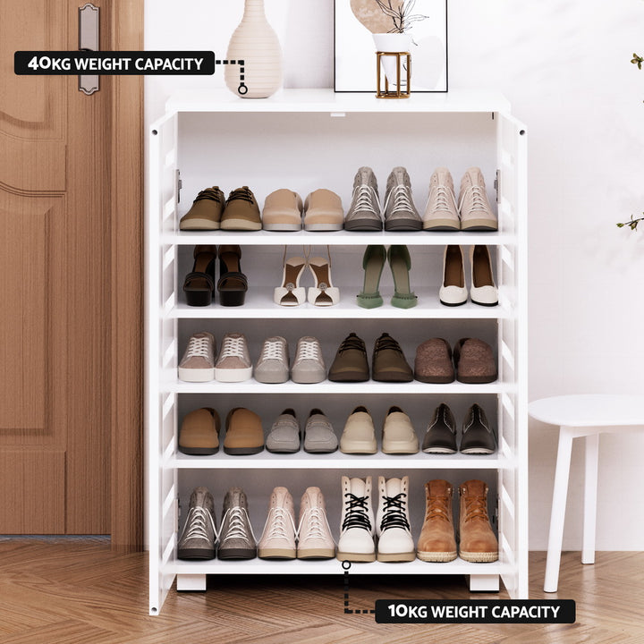 Modern 5 Tier Shoe Cabinet with 2 Ventilated Doors - White - Homecoze