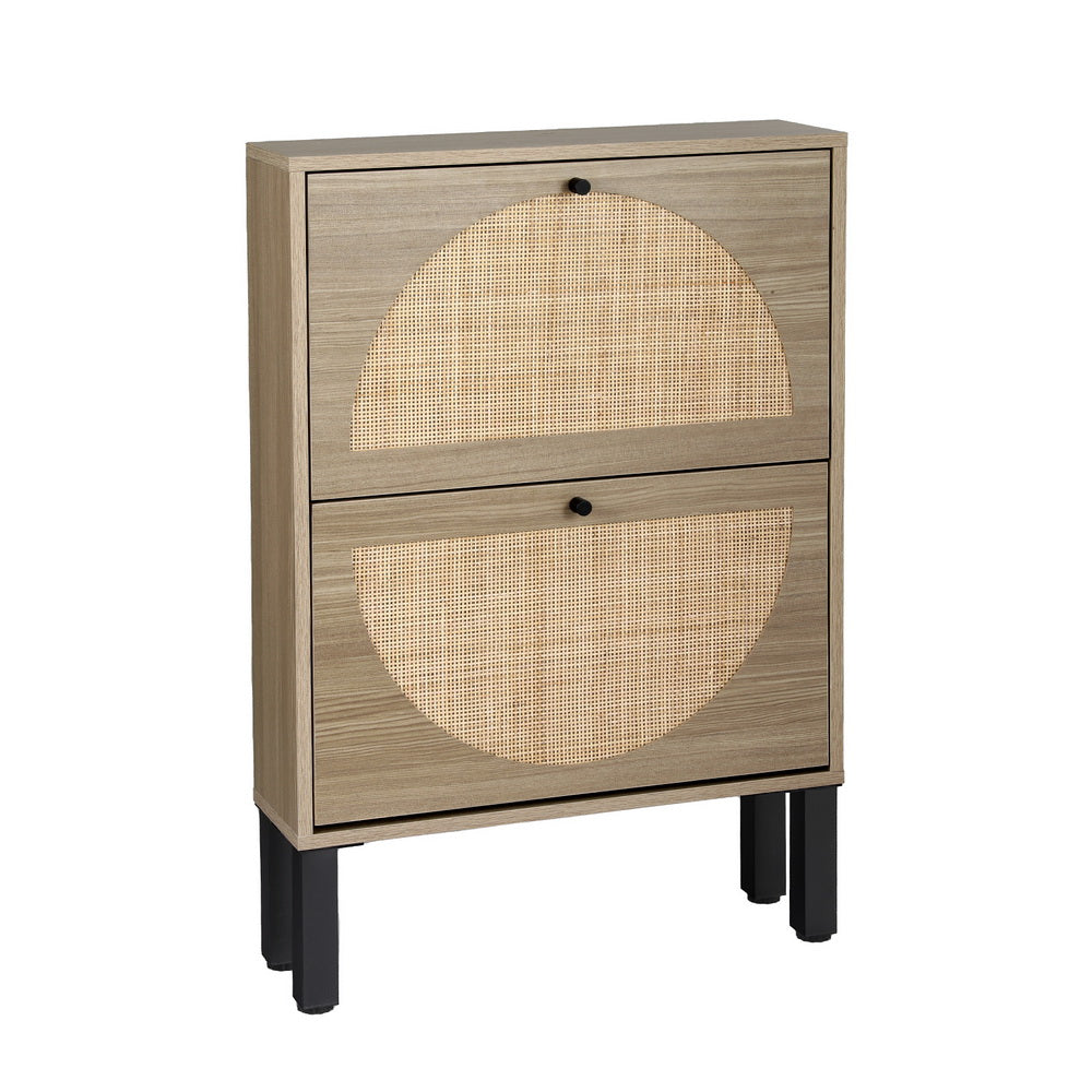 Retro Style Rattan Shoe Cabinet Compact 2 Drawer - Pine - Homecoze