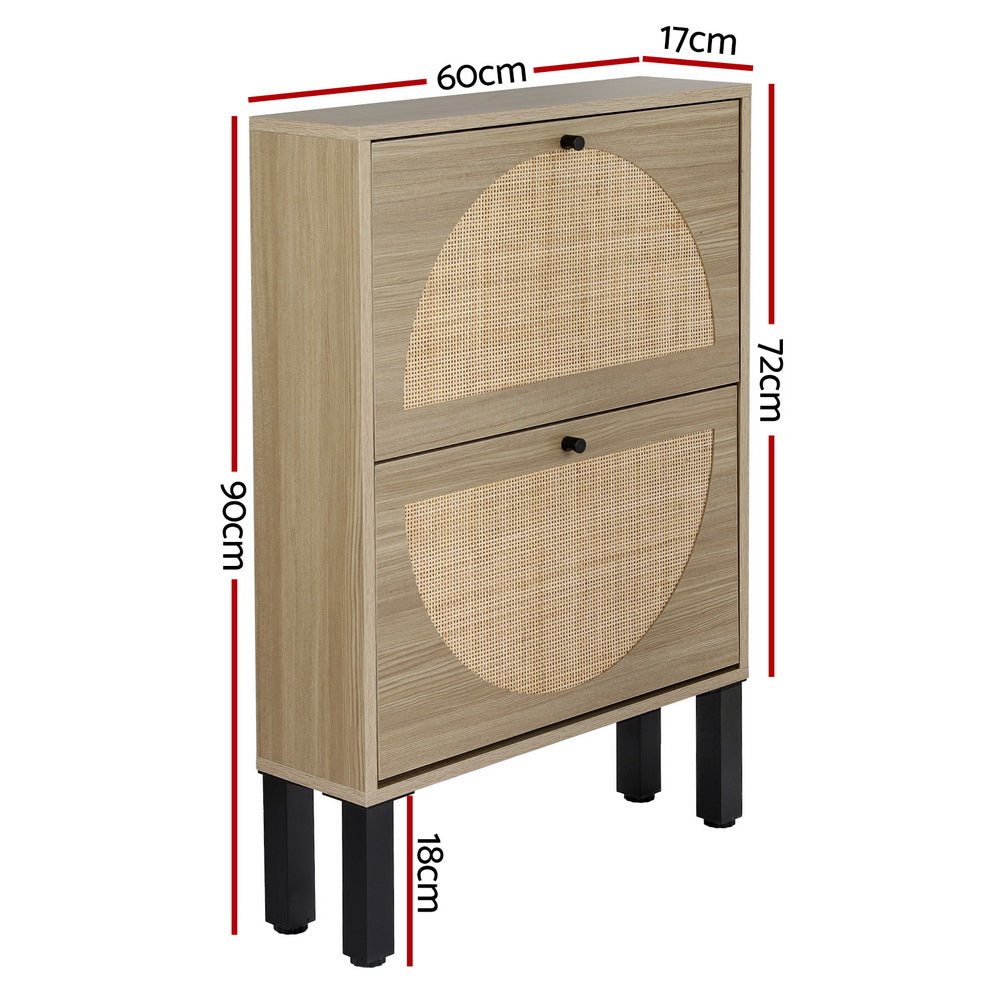 Retro Style Rattan Shoe Cabinet Compact 2 Drawer - Pine - Homecoze
