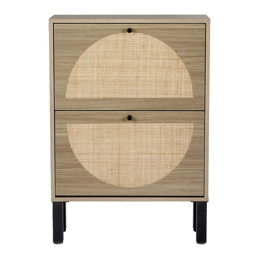 Retro Style Rattan Shoe Cabinet Compact 2 Drawer - Pine - Homecoze