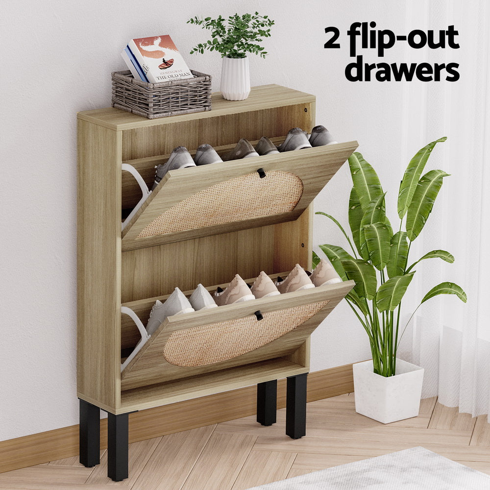 Retro Style Rattan Shoe Cabinet Compact 2 Drawer - Pine - Homecoze
