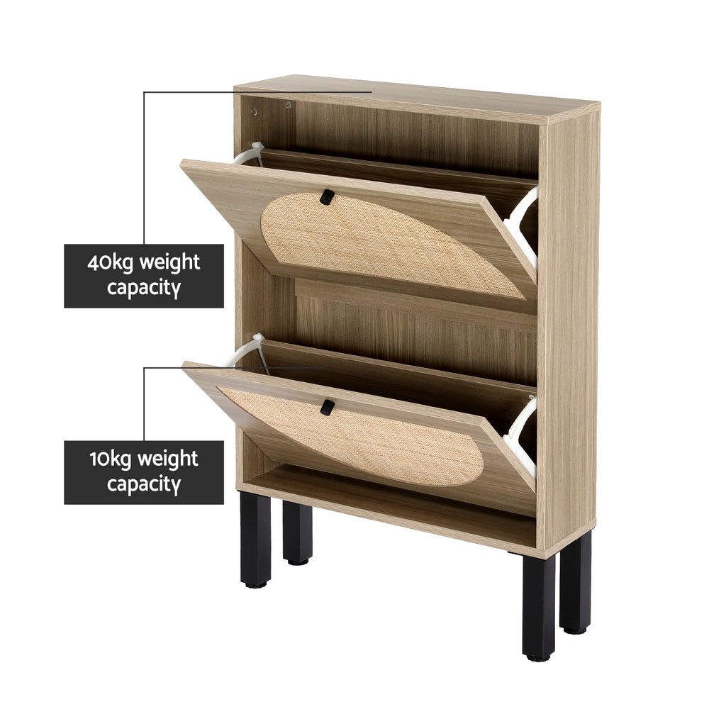 Retro Style Rattan Shoe Cabinet Compact 2 Drawer - Pine - Homecoze