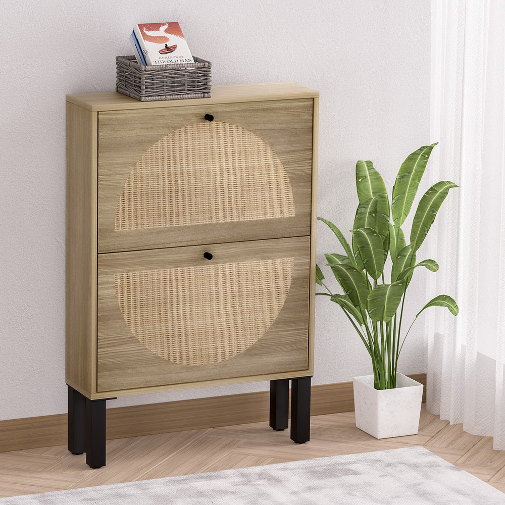 Retro Style Rattan Shoe Cabinet Compact 2 Drawer - Pine - Homecoze