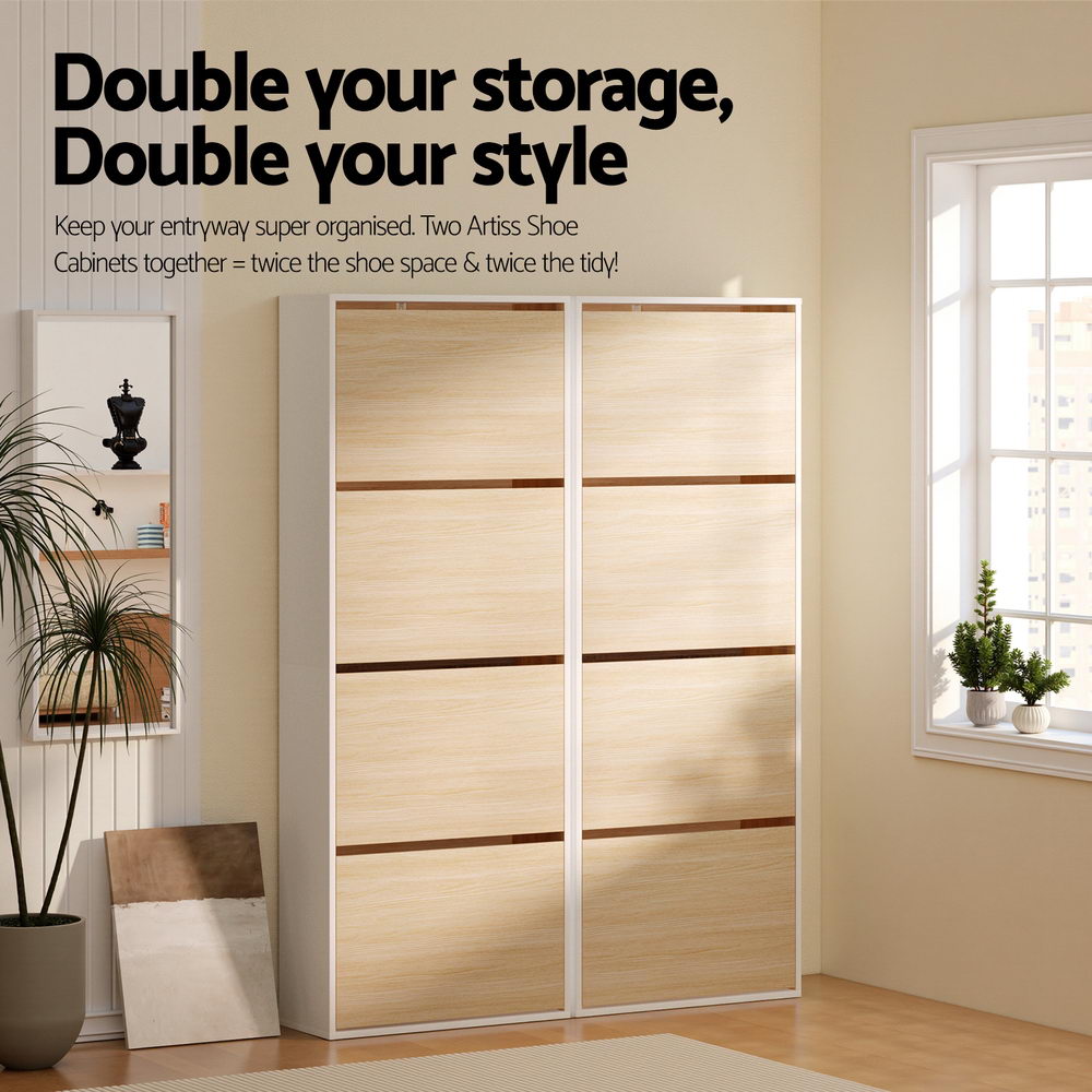 4-Door Shoe Storage Cabinet - White & Pine