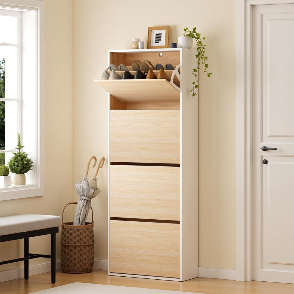 4-Door Shoe Storage Cabinet - White & Pine