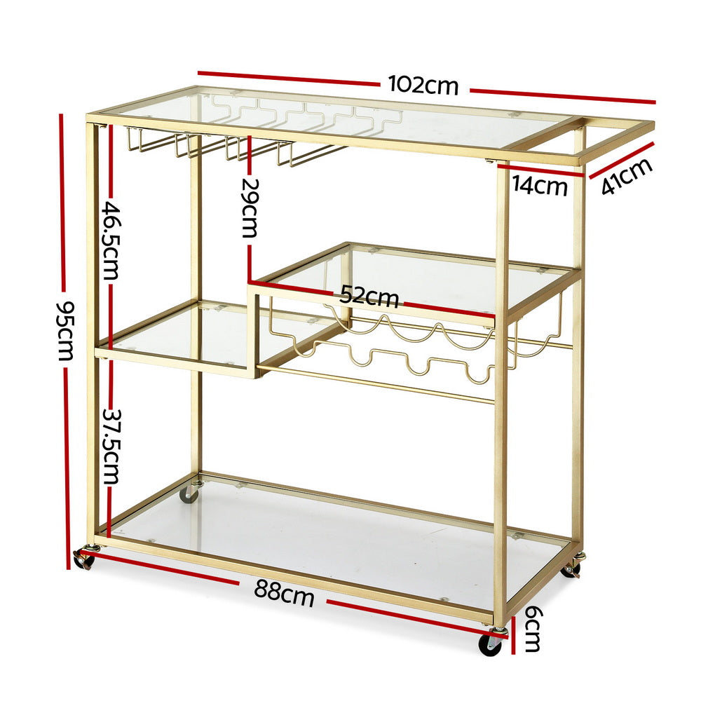 Artiss Bar Cart Drink Trolley Serving Cocktail Wine Rack Glass Holder 102cm Gold - Homecoze