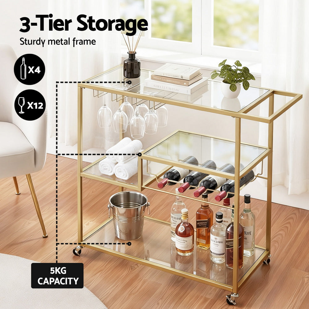 Artiss Bar Cart Drink Trolley Serving Cocktail Wine Rack Glass Holder 102cm Gold - Homecoze