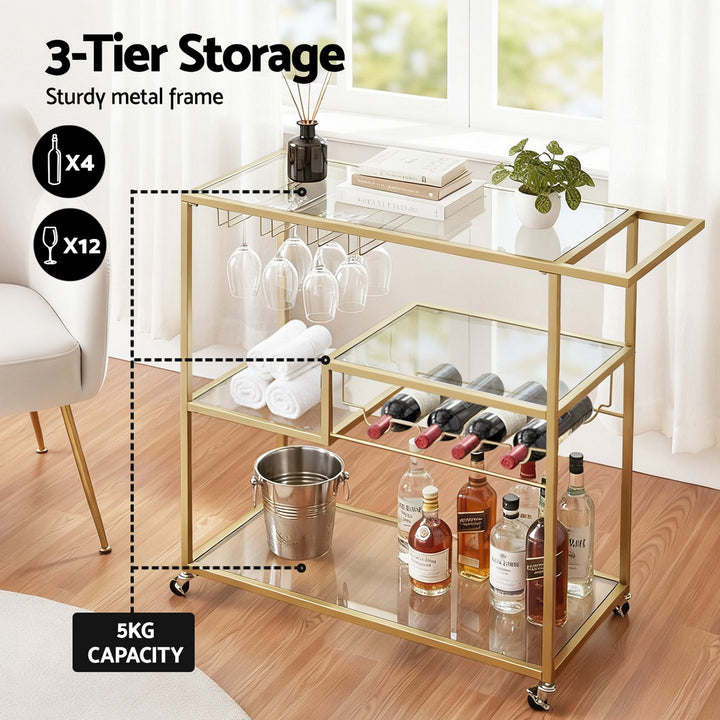Artiss Bar Cart Drink Trolley Serving Cocktail Wine Rack Glass Holder 102cm Gold - Homecoze