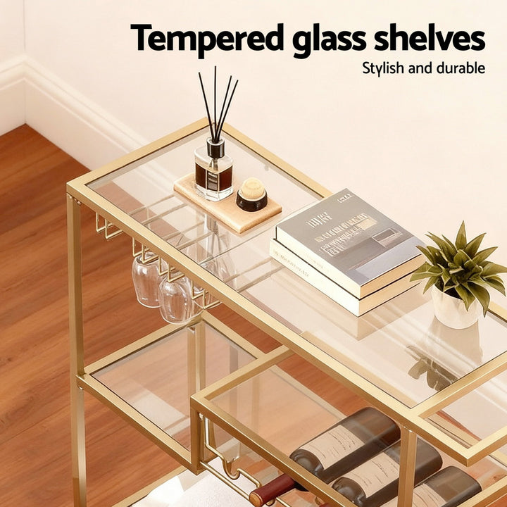 Artiss Bar Cart Drink Trolley Serving Cocktail Wine Rack Glass Holder 102cm Gold - Homecoze