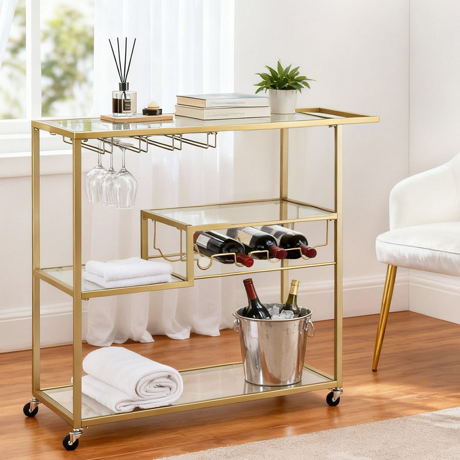 Artiss Bar Cart Drink Trolley Serving Cocktail Wine Rack Glass Holder 102cm Gold - Homecoze