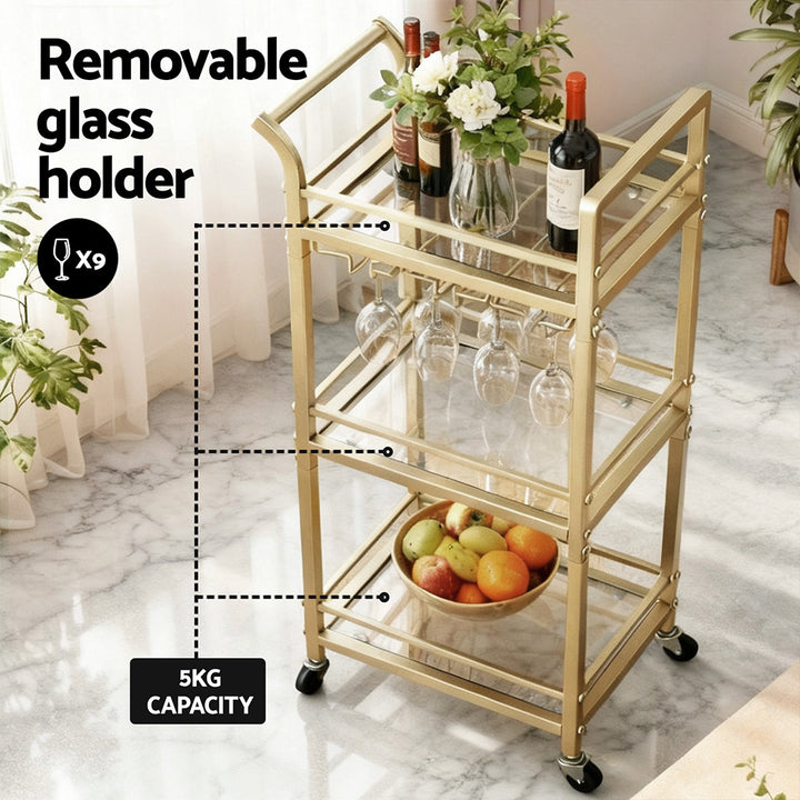 Artiss Kitchen Island Cart Trolley Rolling Serving Storage Wine Glass 43cm Gold - Homecoze