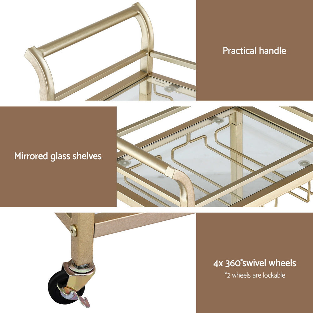 Artiss Kitchen Island Cart Trolley Rolling Serving Storage Wine Glass 43cm Gold - Homecoze