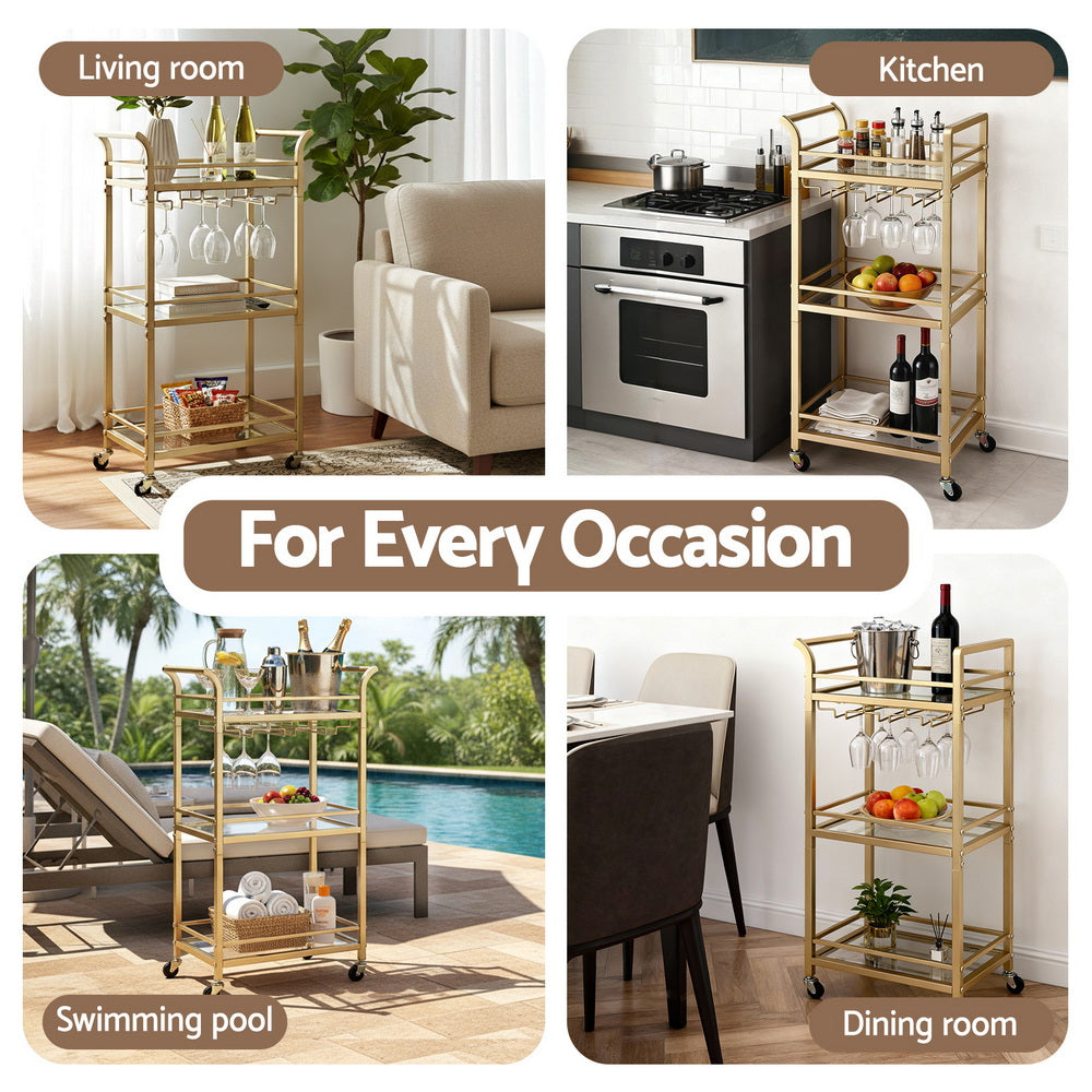 Artiss Kitchen Island Cart Trolley Rolling Serving Storage Wine Glass 43cm Gold - Homecoze