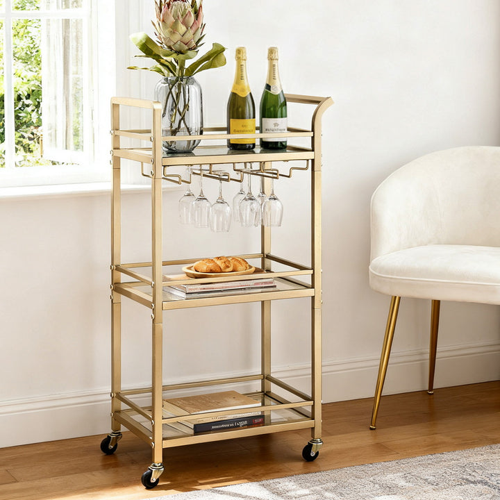 Artiss Kitchen Island Cart Trolley Rolling Serving Storage Wine Glass 43cm Gold - Homecoze