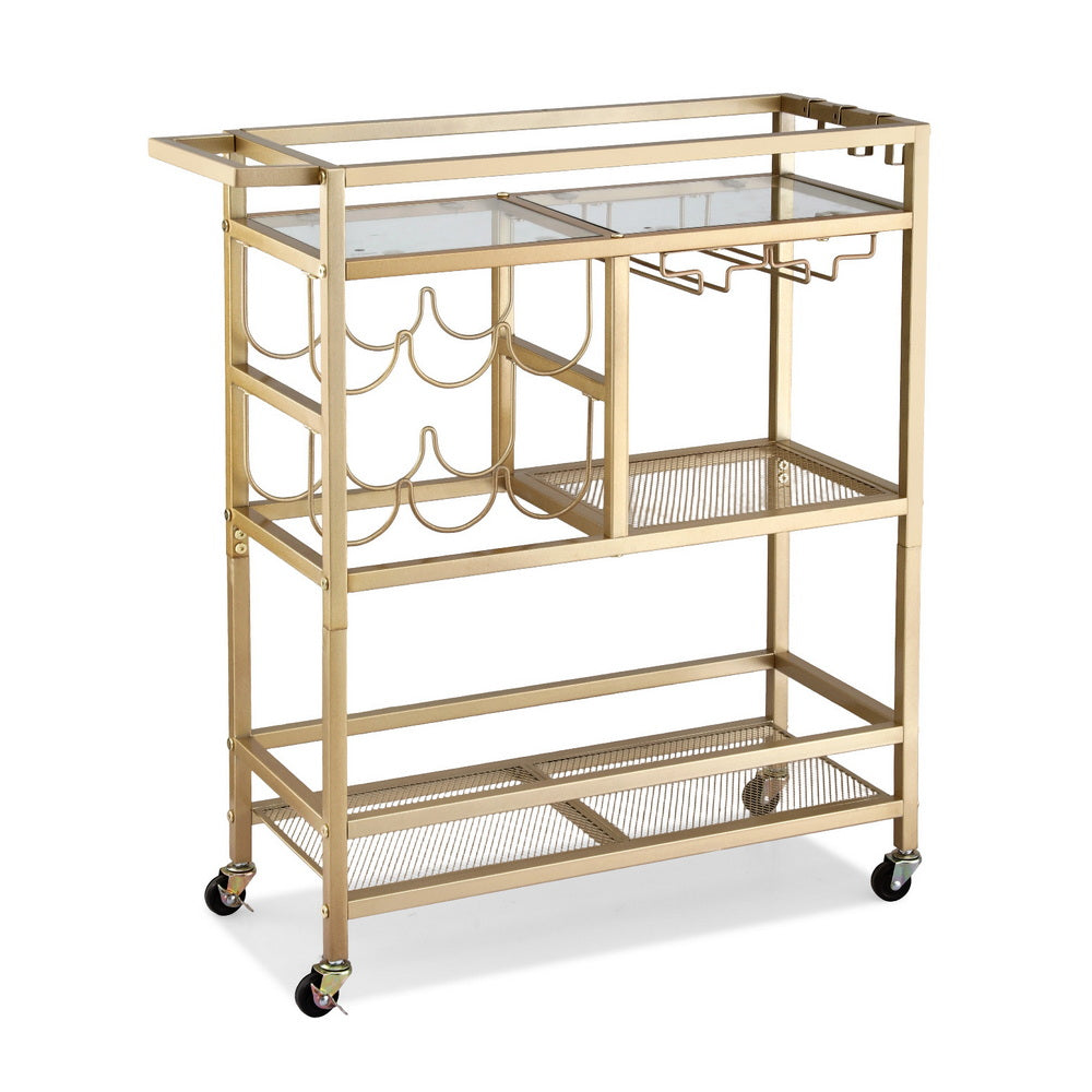 Artiss Bar Cart Drinks Trolley Serving Wine Rack Glass Holder 3 Hooks 72cm Gold - Homecoze