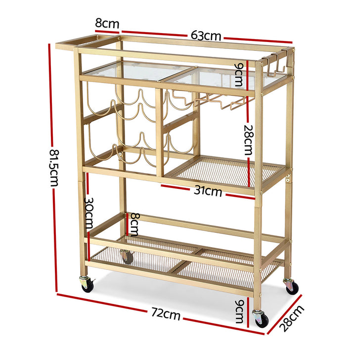 Artiss Bar Cart Drinks Trolley Serving Wine Rack Glass Holder 3 Hooks 72cm Gold - Homecoze