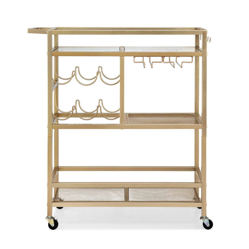 Artiss Bar Cart Drinks Trolley Serving Wine Rack Glass Holder 3 Hooks 72cm Gold - Homecoze