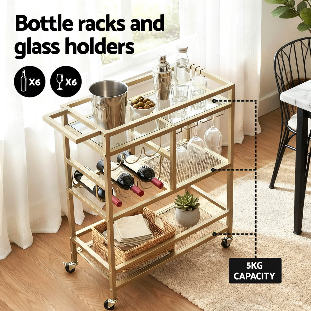 Artiss Bar Cart Drinks Trolley Serving Wine Rack Glass Holder 3 Hooks 72cm Gold - Homecoze
