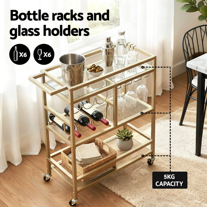 Artiss Bar Cart Drinks Trolley Serving Wine Rack Glass Holder 3 Hooks 72cm Gold - Homecoze