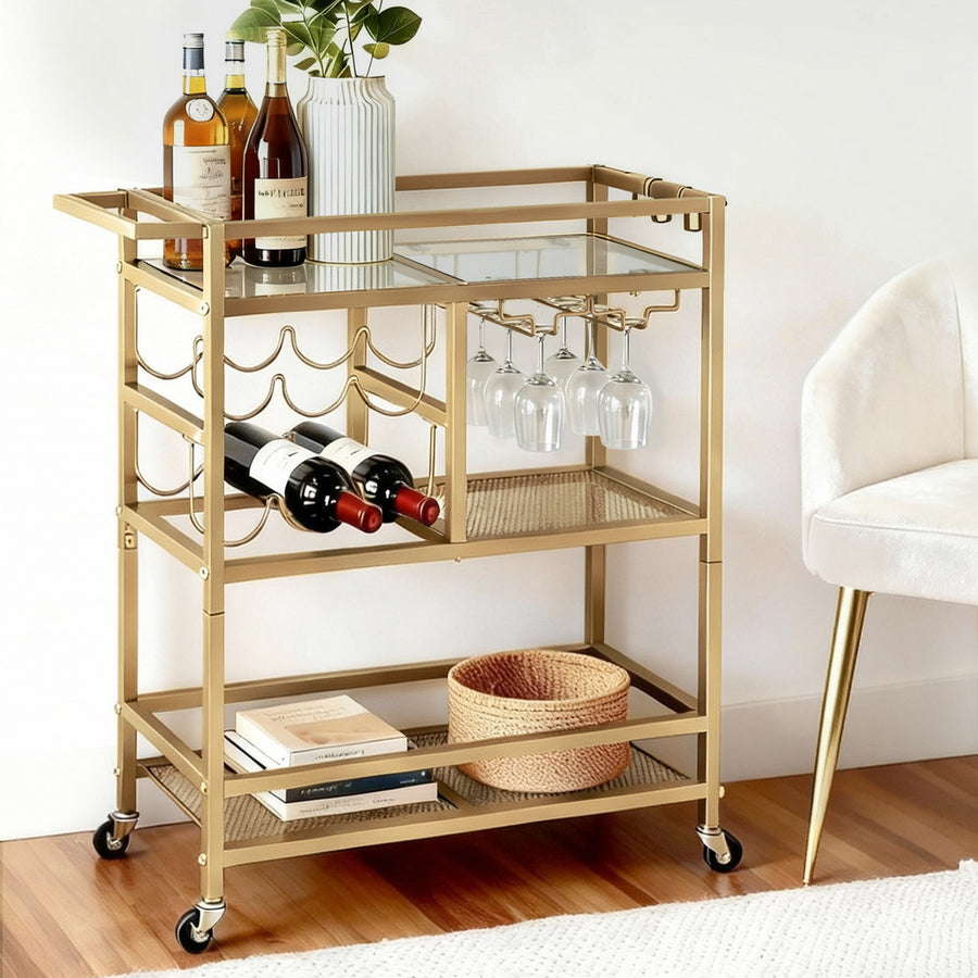 Artiss Bar Cart Drinks Trolley Serving Wine Rack Glass Holder 3 Hooks 72cm Gold - Homecoze