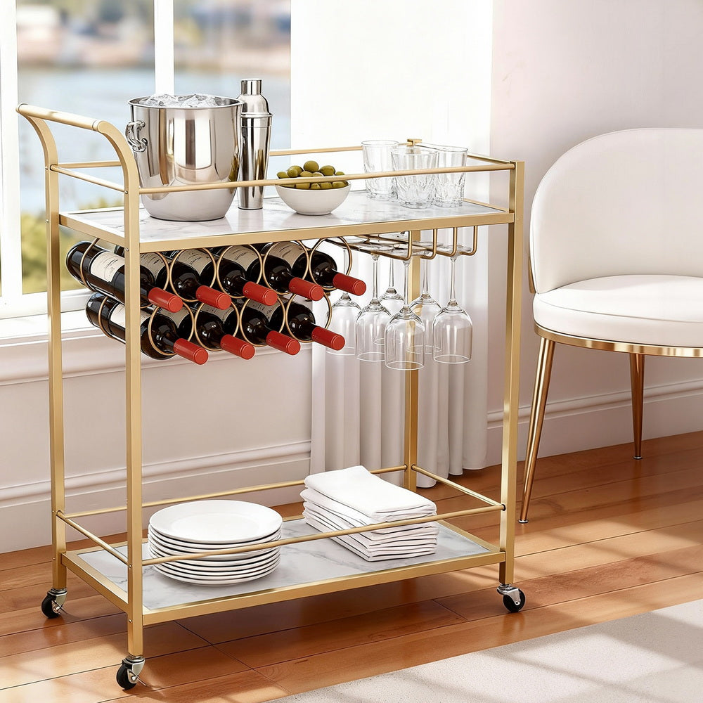 Bar Cart Serving Trolley 85cm - Gold & Marble - Homecoze