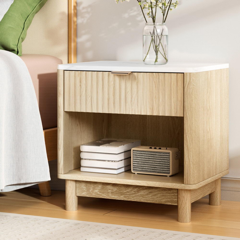 Artiss Bedside Table Nightstand 1 Drawer Shelves Pine - Homecoze