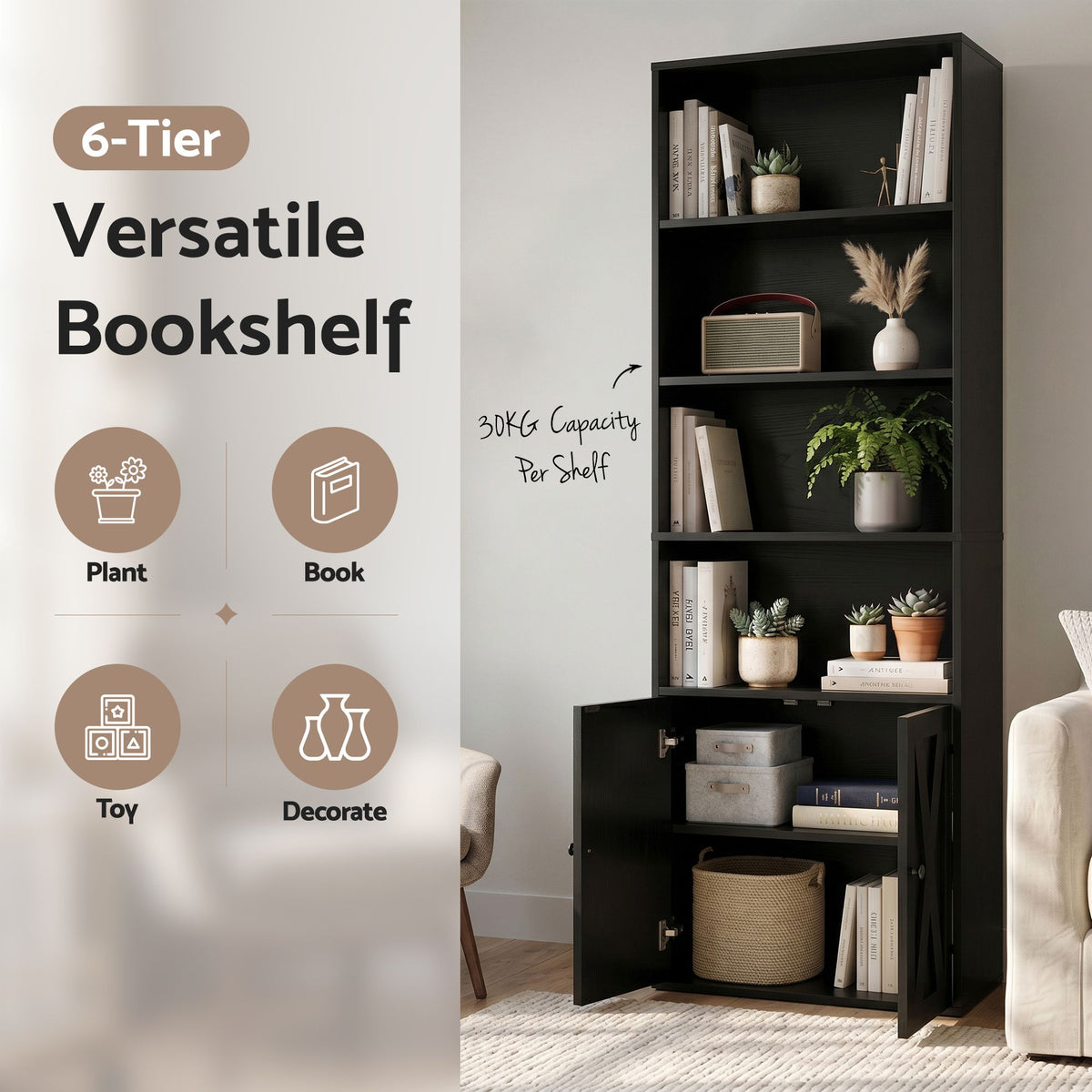 Artiss 6-Tier Bookshelf Display Cabinet Storage Black - Homecoze