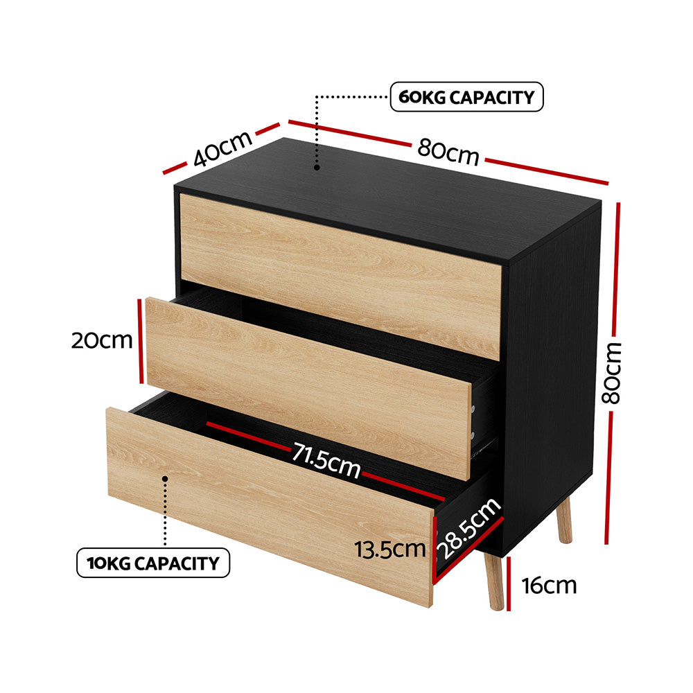Artiss 3 Chest of Drawers Dresser Table Black&Pine - Homecoze