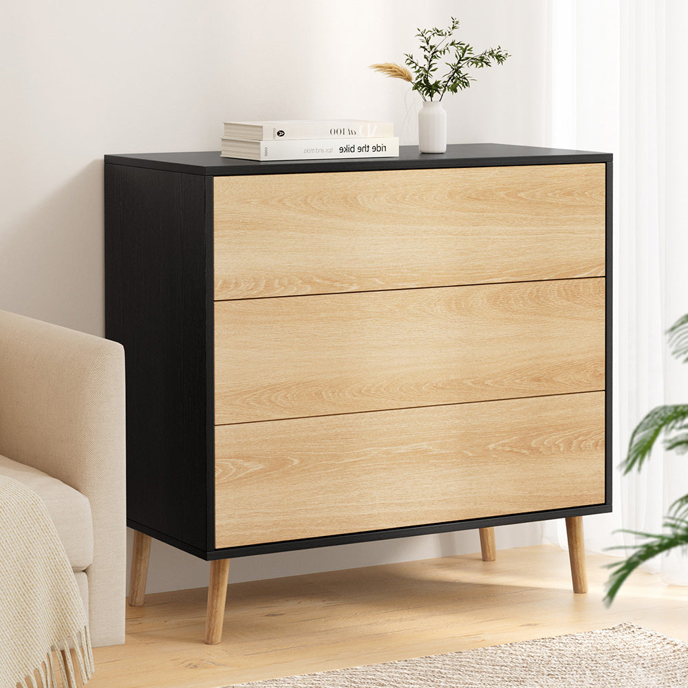 Artiss 3 Chest of Drawers Dresser Table Black&Pine - Homecoze