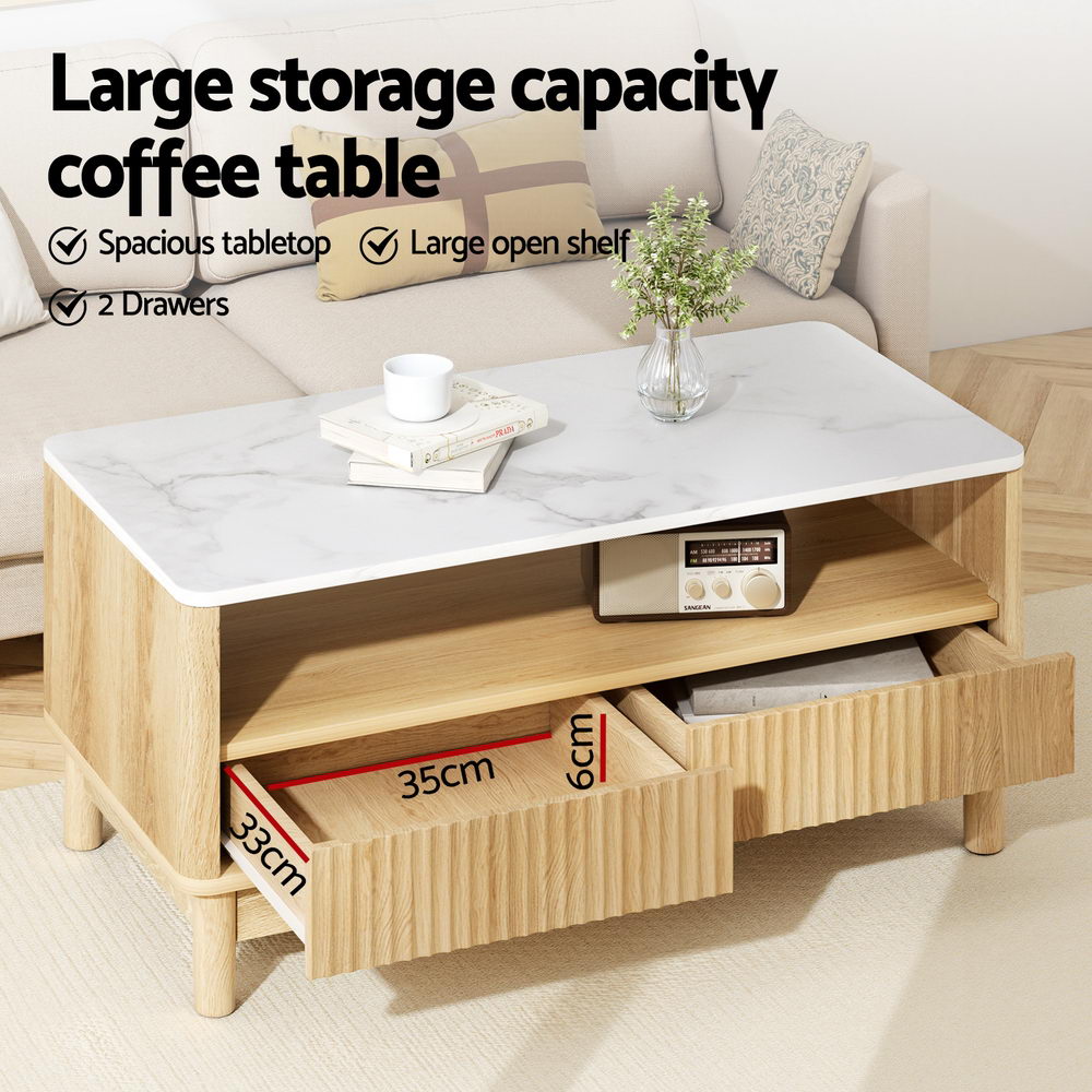 Marble Effect Coffee Table - White & Oak - Homecoze