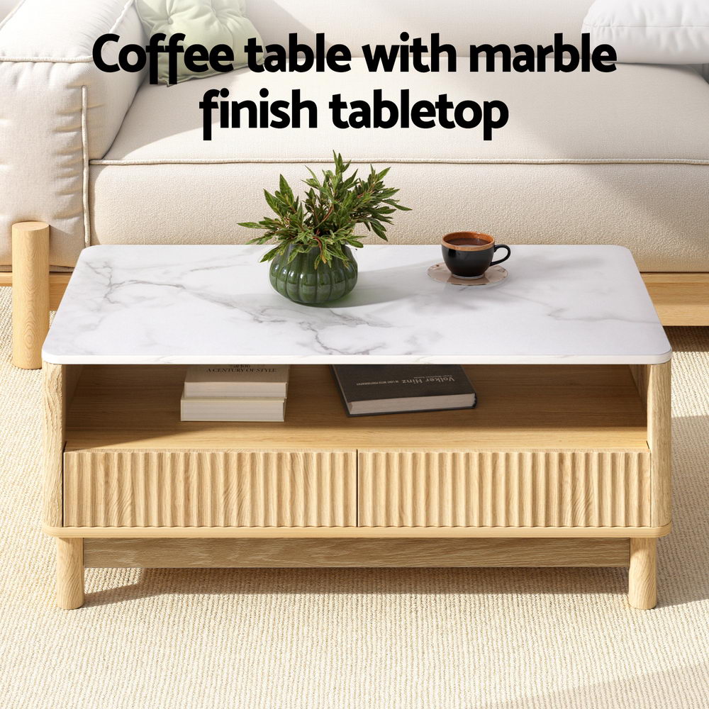 Marble Effect Coffee Table - White & Oak - Homecoze