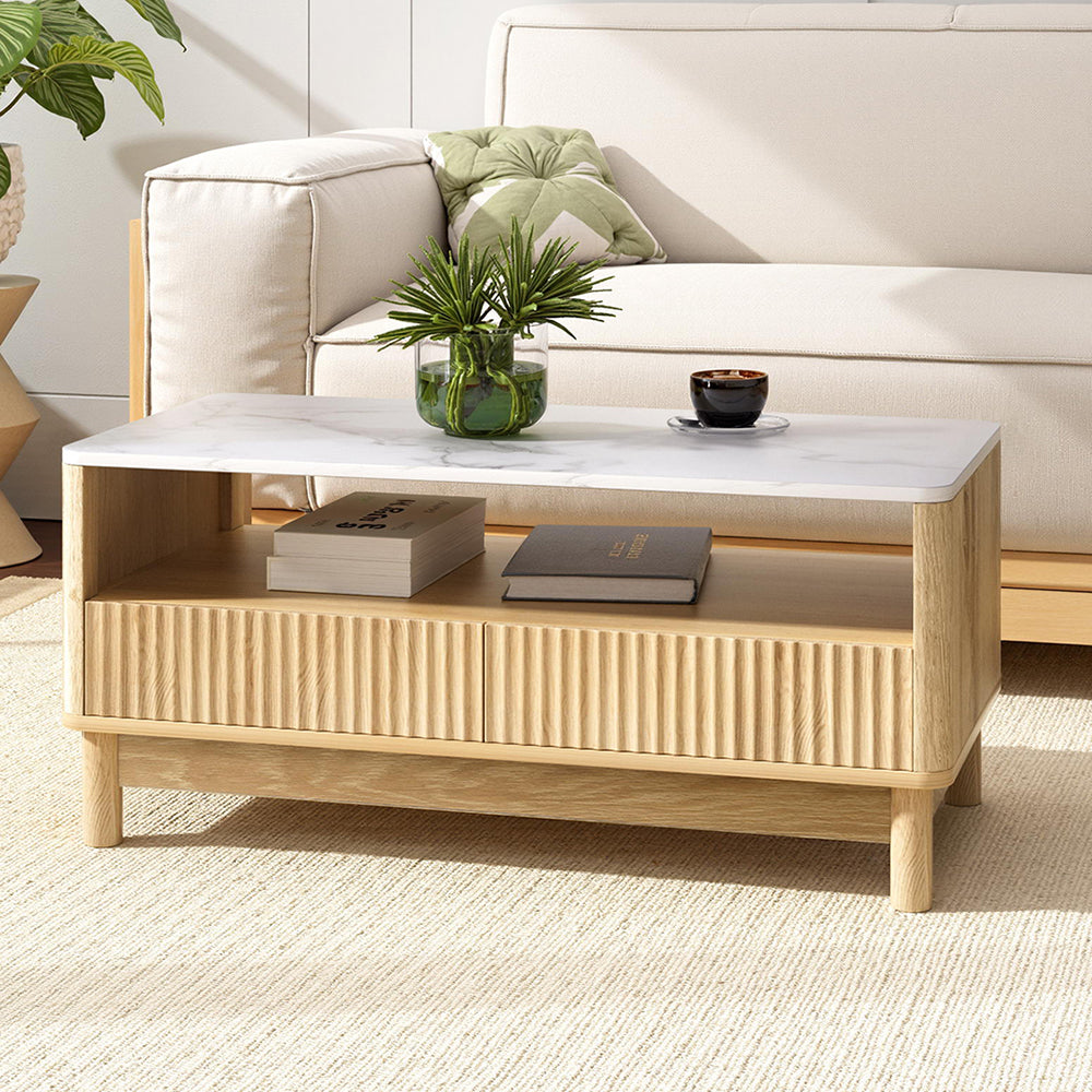 Marble Effect Coffee Table - White & Oak - Homecoze