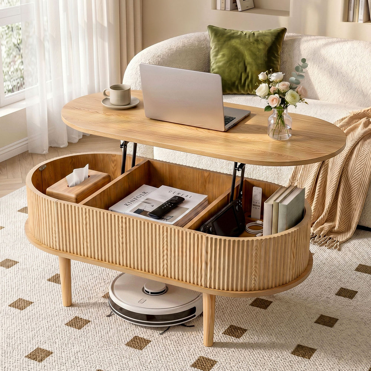 Solene Fluted Lift-Top Coffee Table 100cm – Natural